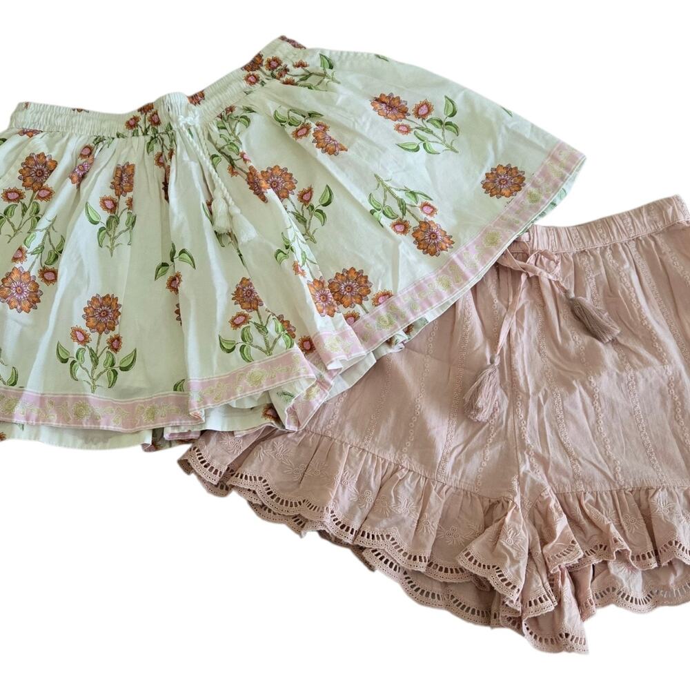 2 Boho Summer Shorts Bundle Lot Floral Eyelet M/L Cottagecore Drawstring Tassels